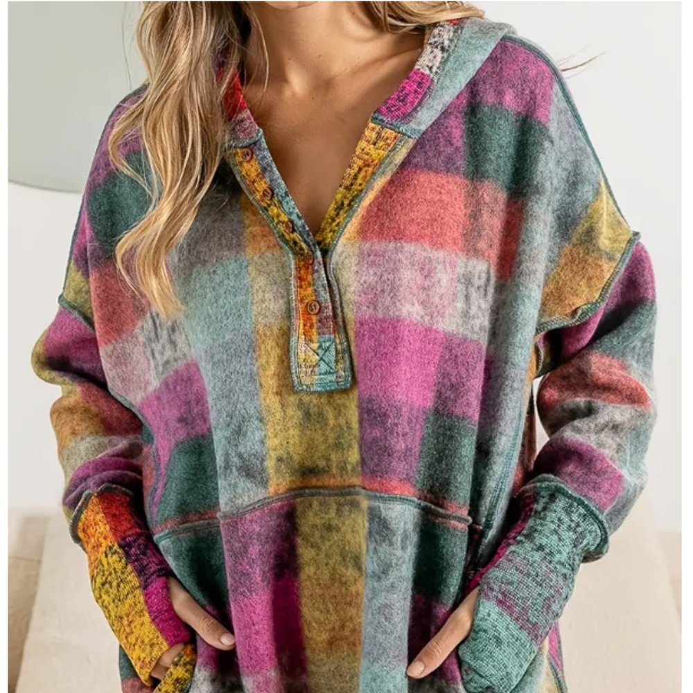 Colorful Plaid Hooded Sweatshirt, Loose Long Sleeve, Thumb Hole Pullover